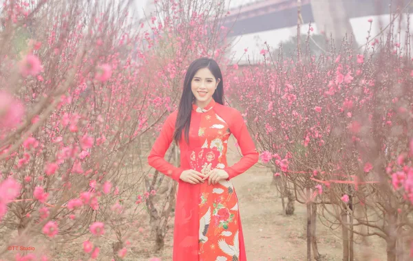 Ảnh áo dài tết vườn đào nhật tân